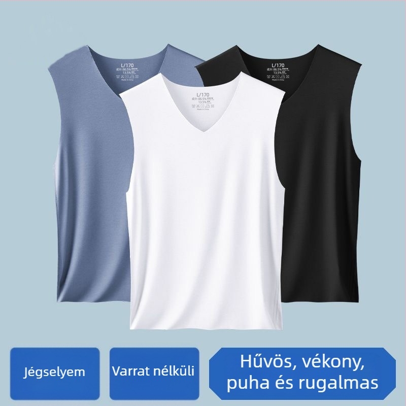 Férfi Ice Silk ujjatlan mellény, varrás nélküli, karcsú szabás, V-nyakú, alsó réteg, fehér