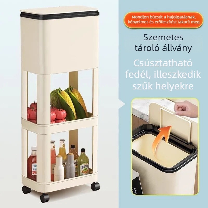 Személyre szabott konyhai kukás kuka otthoni használatra, nagy kapacitású, csúszó fedéllel, mozgatható, két rétegű, magas modell, hajlás nélkül, japán stílusú tároló állvány