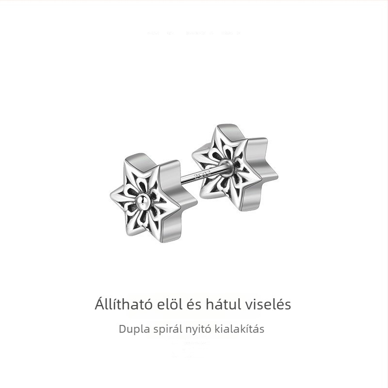 Ezüstbevonatos férfi stud fülbevaló dupla fejű csavarral, retro minimalista stílus, hatszögletű csillag