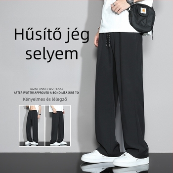 Férfi nyári Ice-Silk nadrág, könnyű anyagú, egyenes szabású, hétköznapi