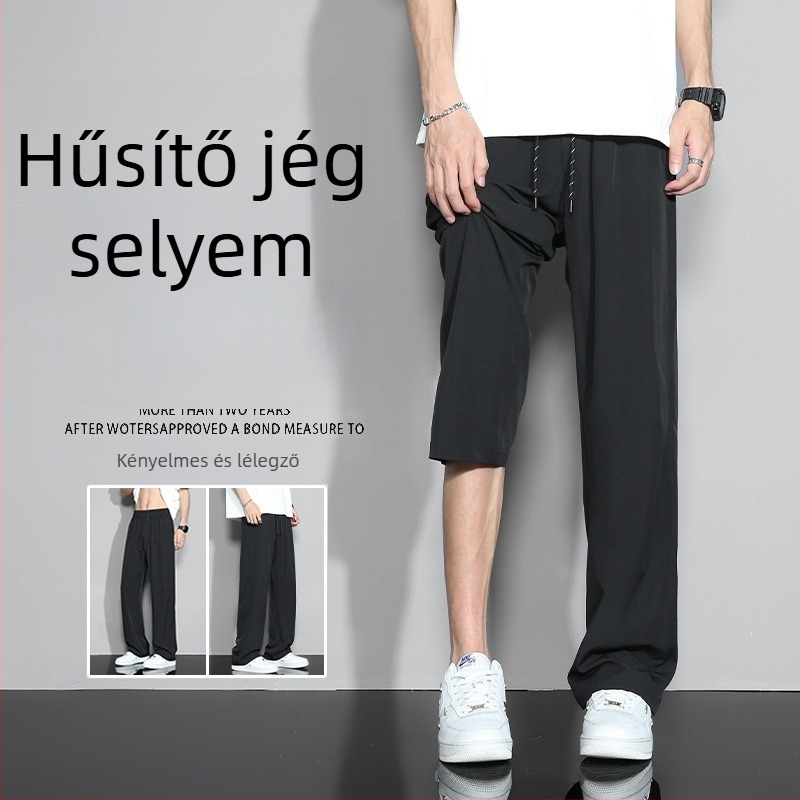 Férfi nyári Ice-Silk nadrág, könnyű anyagú, egyenes szabású, hétköznapi