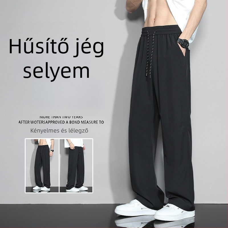 Férfi nyári Ice-Silk nadrág, könnyű anyagú, egyenes szabású, hétköznapi