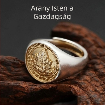 Férfi aranyozott Vagyon Istene gyűrű, széles, állítható, vintage etnikus stílus