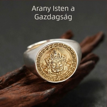 Férfi aranyozott Vagyon Istene gyűrű, széles, állítható, vintage etnikus stílus