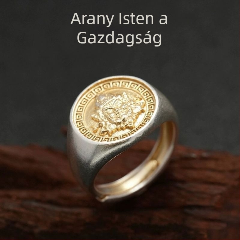 Férfi aranyozott Vagyon Istene gyűrű, széles, állítható, vintage etnikus stílus