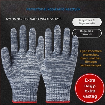 Kopásálló, vastagított csúszásmentes munkakesztyűk pamutfonalból és nylonból, szürke–fekete, építőipari használatra