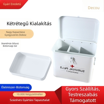 Fém orvosi elsősegély doboz négy rekeszes elválasztóval, kétrétegű kialakítás, nagy kapacitás, hordozható