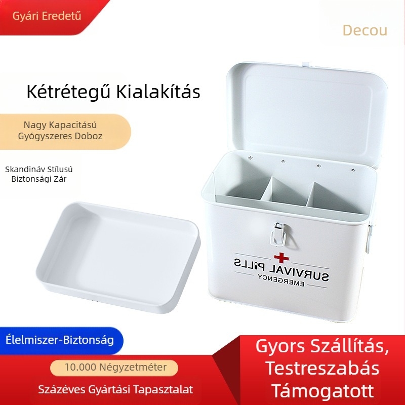 Fém orvosi elsősegély doboz négy rekeszes elválasztóval, kétrétegű kialakítás, nagy kapacitás, hordozható