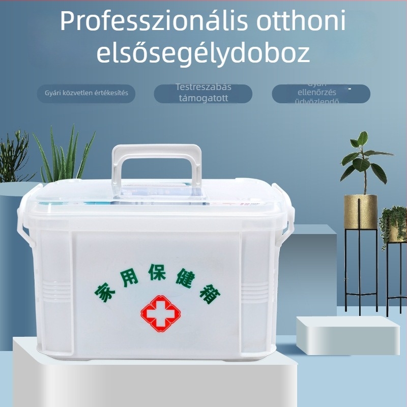 Hordozható otthoni elsősegély-doboz többrétegű műanyag tárolóval gyógyszerek számára (kicsi és nagy méretben)