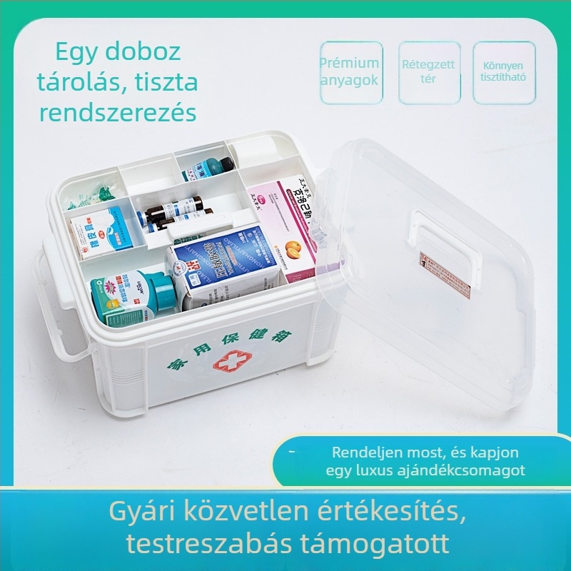 Hordozható otthoni elsősegély-doboz többrétegű műanyag tárolóval gyógyszerek számára (kicsi és nagy méretben)