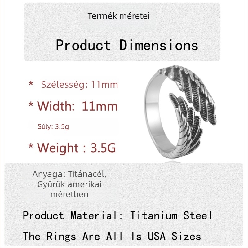 Unisex titánacél gyűrű állati szárny motívummal és toll motívummal, retro stílus, 24030