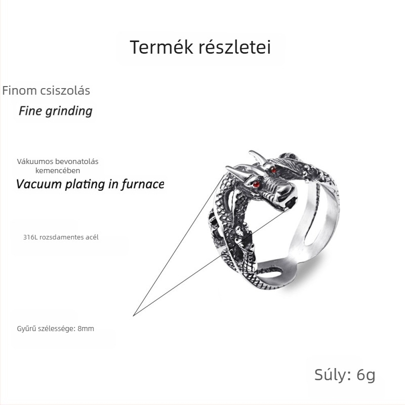 Sárkány alakú gyűrű titán acélból, férfiaknak