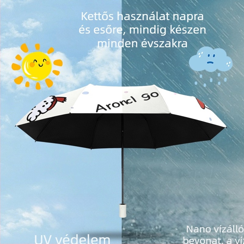 Gyerekeknek készült karikatúra digitális nyomtatású összecsukható esernyő, háromszekciós, automatikus nyitás, UV védelem, fekete bevonat