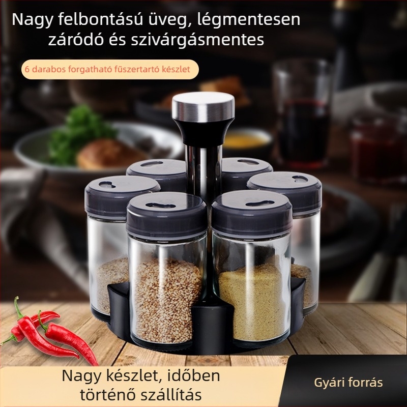 6 darabos fűszertartó üveg készlet japán stílusú, lyukfedéllel, forgó tároló