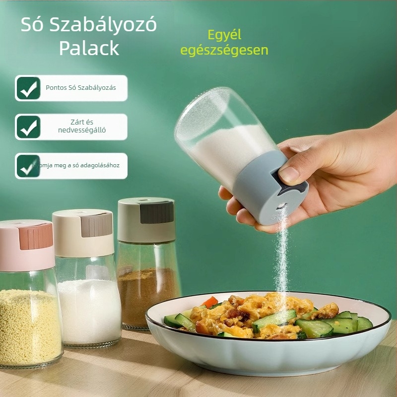 Üvegből készült sóadagoló és fűszertartó mérővel – konyhai használatra