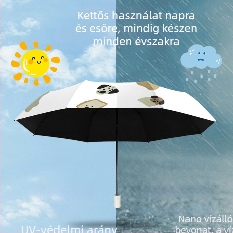 Háromrészes összecsukható esernyő karikatúra dizájnnal, UV védelem és fekete bevonat, kézi nyitás és zárás.
