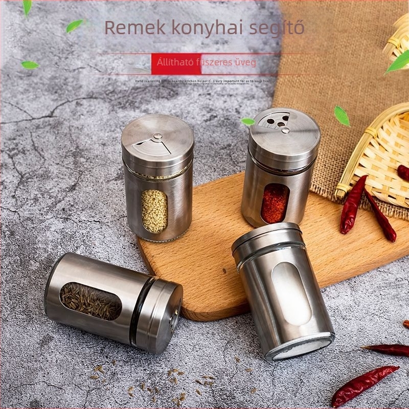 Üveg grill fűszerkészlet rozsdamentes acél szóróval — só, bors és kömény tárolók
