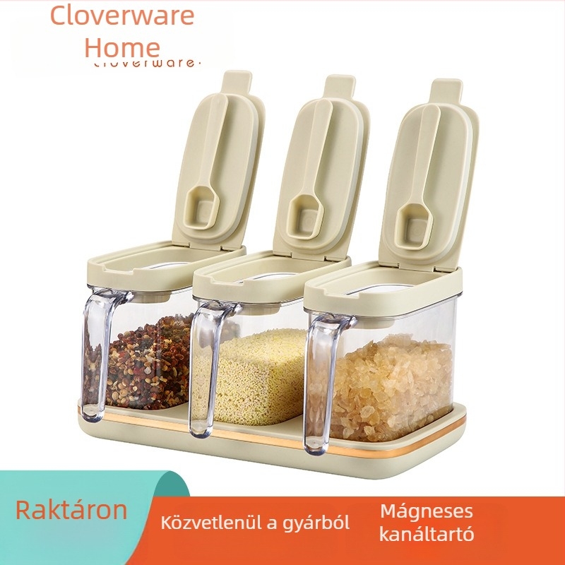 Zárható fűszertartó készlet kanalakkal, modern minimalistikus konyhai tároló cukorra és sóra