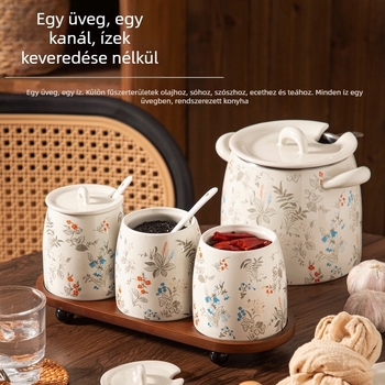 Konyhai kerámia tároló készlet: nagy só- és fűszertartók, zsírtároló üveg, chiliolaj és fűszerek tárolására