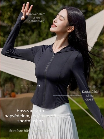 Női karcsúsított UV-védelmi kapucnis kabát, légáteresztő ice silk anyag, rövid nyári fazon, halcsont mintázat