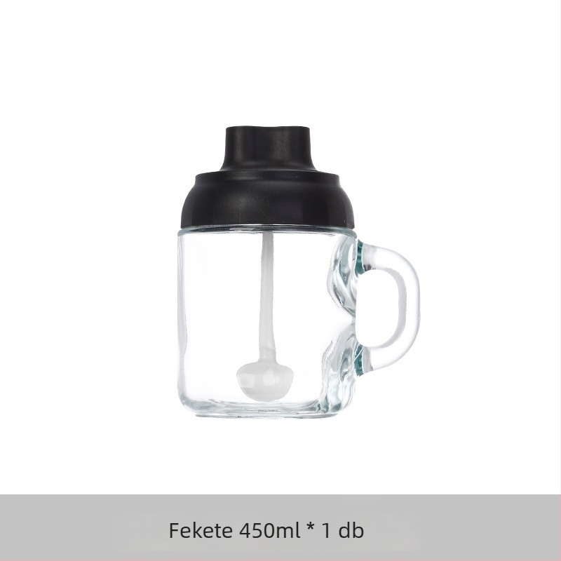 Fogantyús üveges fűszertartó, nagy kapacitású, beépített kanálfedél, tömítés