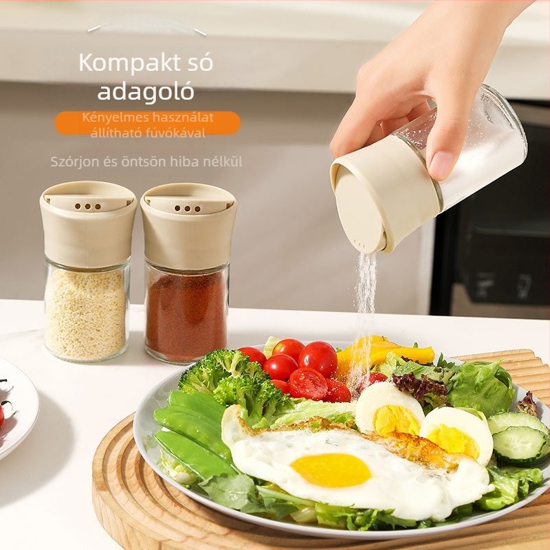 Zárható üveges fűszertartály sóhoz, köményhez és fekete borshoz adagolóval