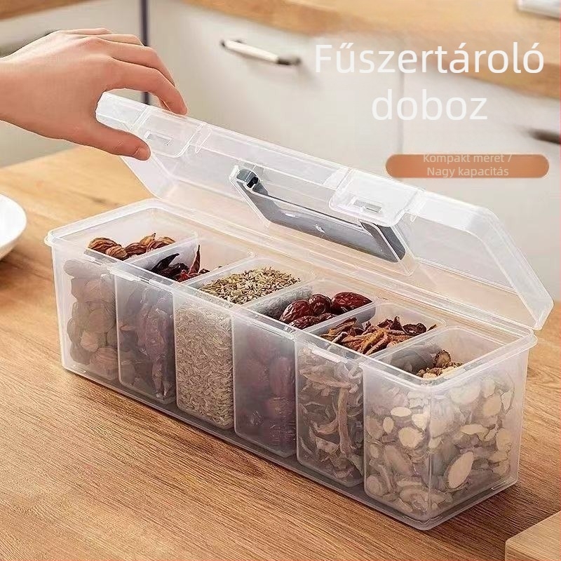 Fűszertartó doboz fogantyúval és fedővel, konyhai élelmiszer-minőségű, nagy kapacitású, elválasztott rekeszekkel