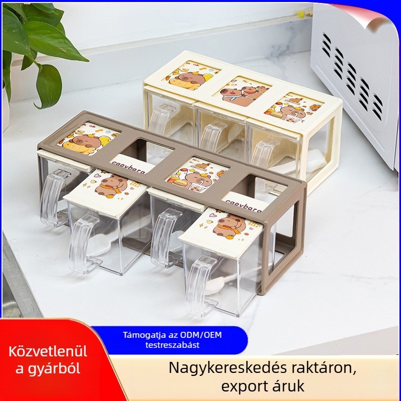 Műanyag fűszertartó doboz háztartási konyhához, fiókos stílusú, három- és négyrekeszes