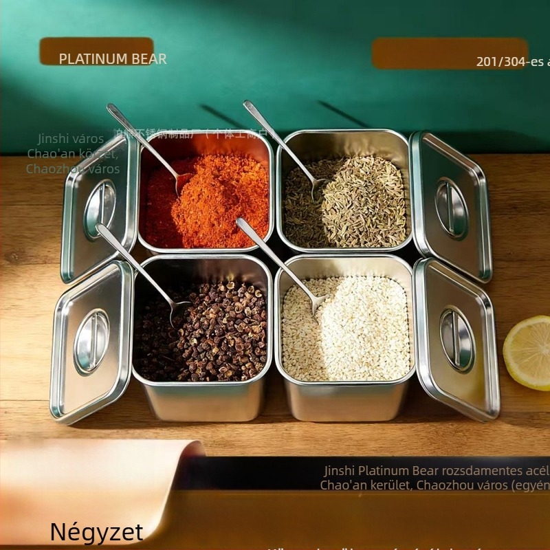 304 rozsdamentes acélból készült négyszögletes fűszertartó fedővel, kereskedelmi konyhákhoz; zsírtartó; fűszertartó doboz