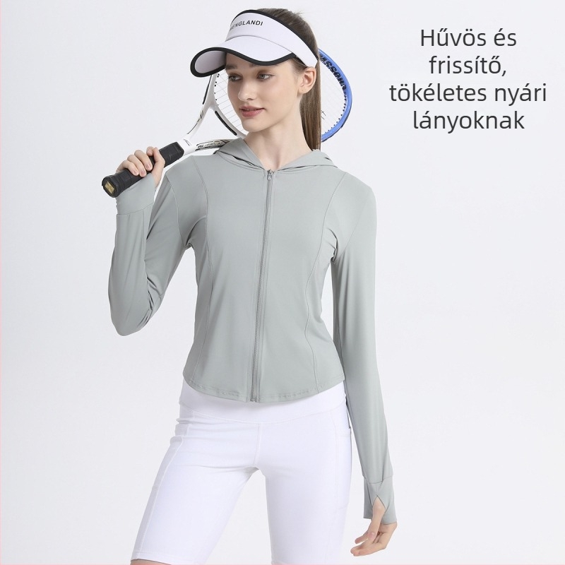 Nylonból készült jégselyem-hűsítő jóga dzseki nőknek, karcsúsított fazon, hosszú ujjú, UPF50+ napsugárvédelmi, nyárra, lélegző.