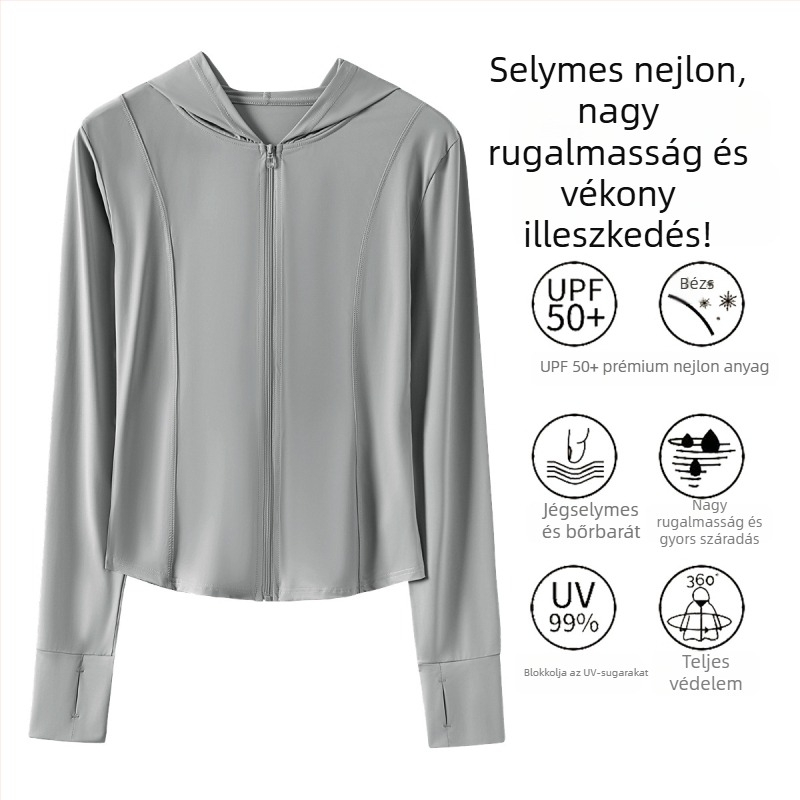 Nylonból készült jégselyem-hűsítő jóga dzseki nőknek, karcsúsított fazon, hosszú ujjú, UPF50+ napsugárvédelmi, nyárra, lélegző.