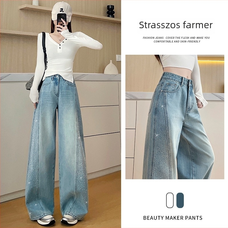 Női denimnadrág, széles lábú, patchwork csillagmintákkal és strasszokkal, középmagasságú derékrész, laza szabású, koreai stílusú tavasz-ősz