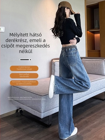 Főiskolai stílusú farmernadrág magas hölgyeknek, magas derék, széles szárú, drapírozott hatás, 2025 ősz