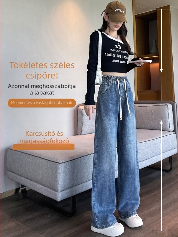 Főiskolai stílusú farmernadrág magas hölgyeknek, magas derék, széles szárú, drapírozott hatás, 2025 ősz