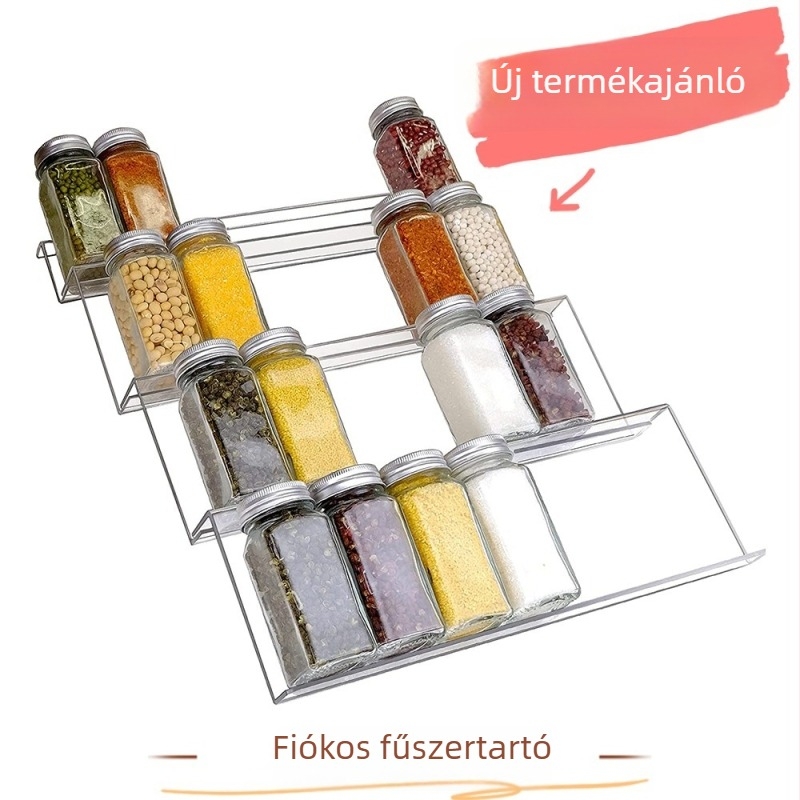 Átlátszó fűszertartó üvegek tárolója lépcsőzetes polccal és fiókkal