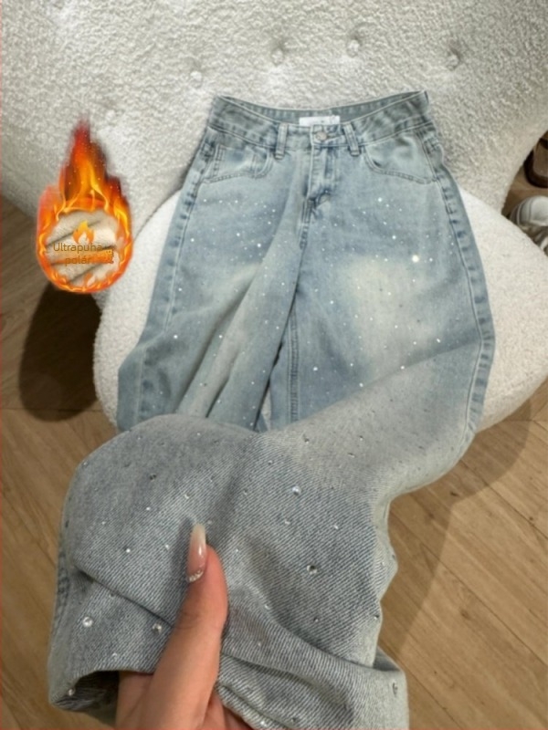 Női téli denim farmernadrág strassz dizájnnal, fleece-betétes bélés, magas derék, laza szabású, egyenes szár