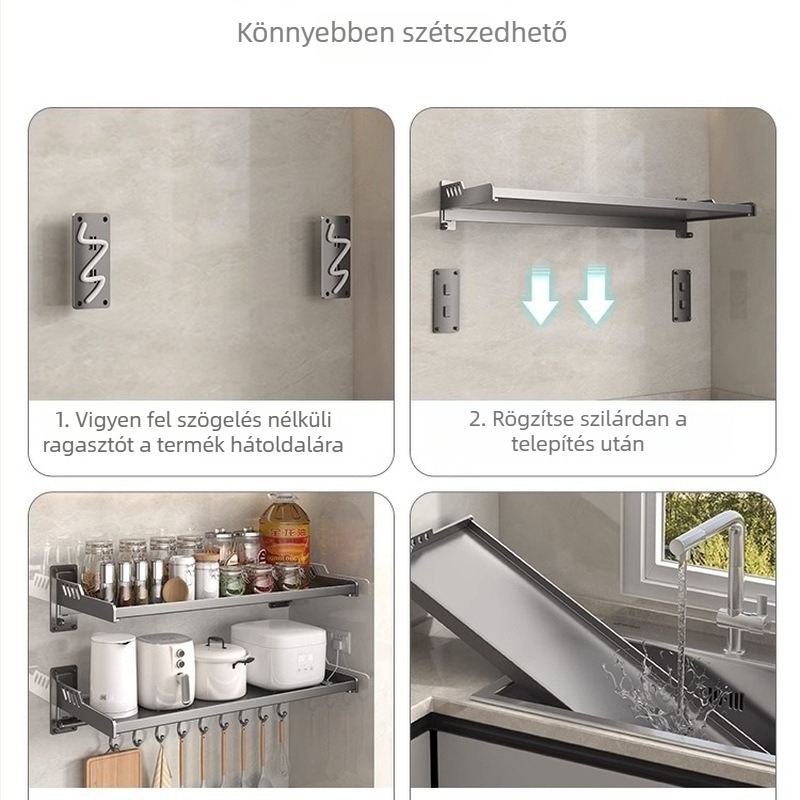 Fali konyhai tárolópolc mikrohullámú sütőhöz, fűszerek és olajflakonok tárolására, edények és tányérok számára