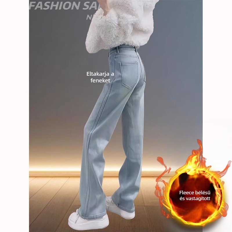 Női denim farmer fleece-beléssel, téli vastag, egyenes szabás, karcsúsít a körte alakra, meleg, világos szín, plusz méret, teljes hosszúságú