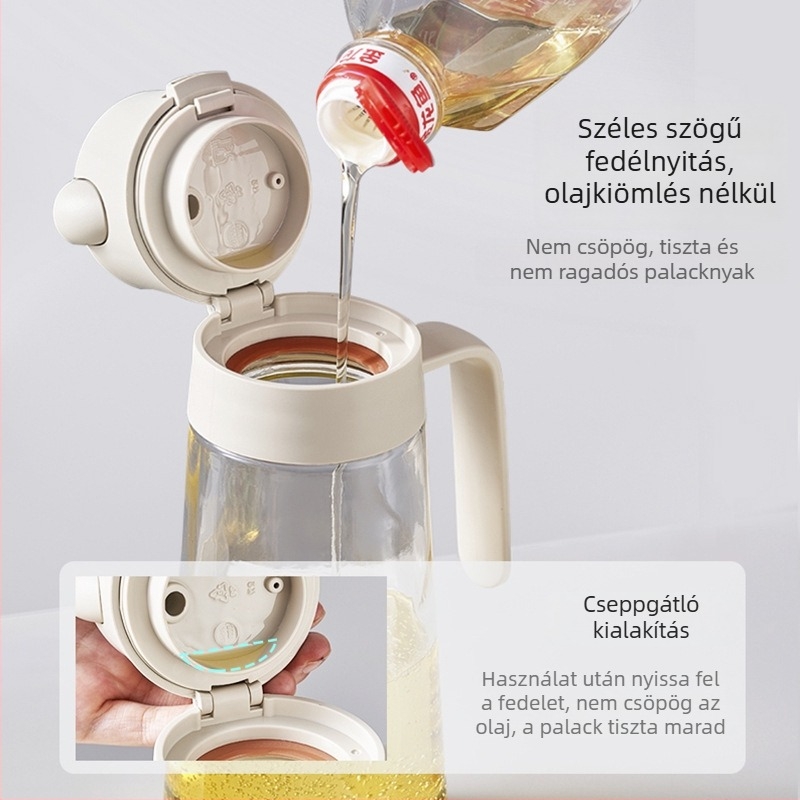 Automatikus felnyitható üveg olajtartó, csepegésmentes – szezárolajhoz, főzőborhoz, ecethez és szójaszószhoz