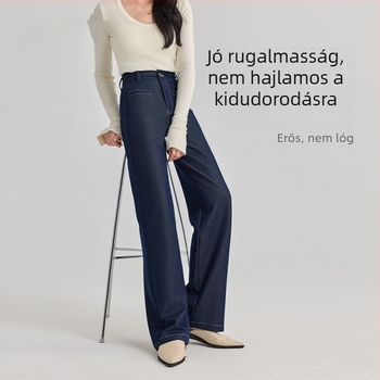 Női kék denim nadrág, széles lábú fazon, tavasz–ősz 2026 kollekció, alacsonyabb magasságúaknak, laza szabás, karcsúsított egyenes szár.
