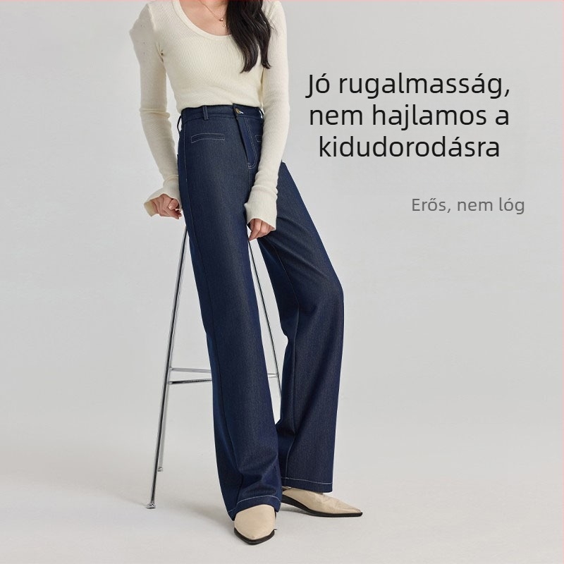 Női kék denim nadrág, széles lábú fazon, tavasz–ősz 2026 kollekció, alacsonyabb magasságúaknak, laza szabás, karcsúsított egyenes szár.