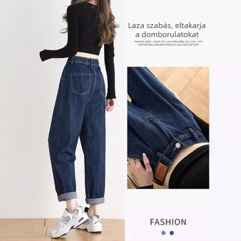 Női denim harém nadrág, tavasz-ősz vékony fazon, magas derék, laza szabás, egyenes szár, cropped hossz.