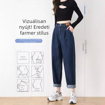 Női denim harém nadrág, tavasz-ősz vékony fazon, magas derék, laza szabás, egyenes szár, cropped hossz.