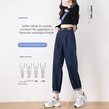 Női denim harém nadrág, tavasz-ősz vékony fazon, magas derék, laza szabás, egyenes szár, cropped hossz.