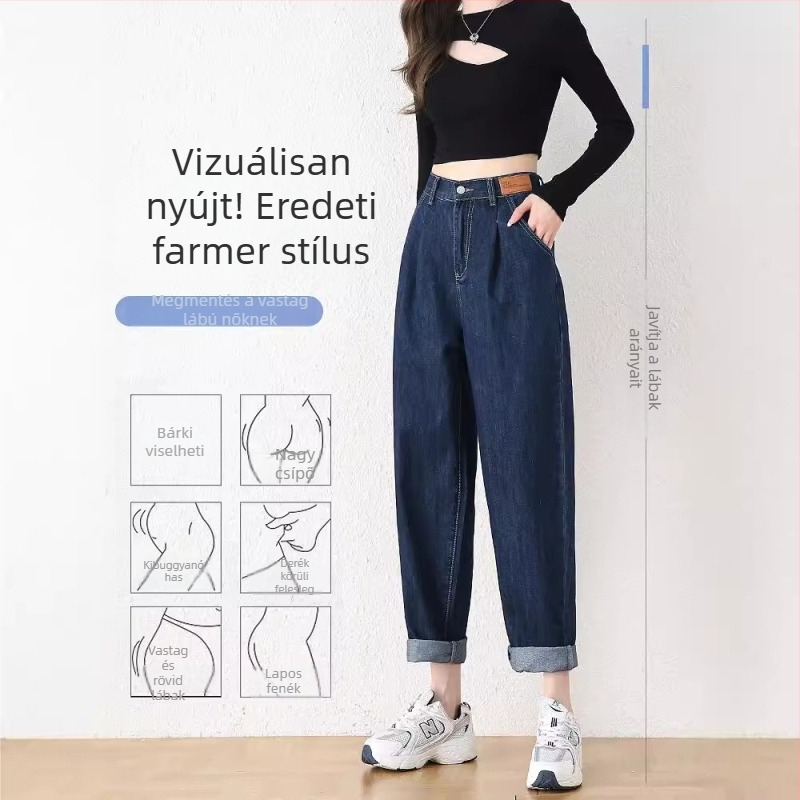 Női denim harém nadrág, tavasz-ősz vékony fazon, magas derék, laza szabás, egyenes szár, cropped hossz.