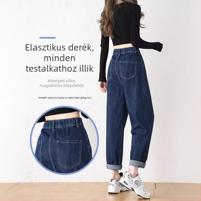 Női denim harém nadrág, tavasz-ősz vékony fazon, magas derék, laza szabás, egyenes szár, cropped hossz.
