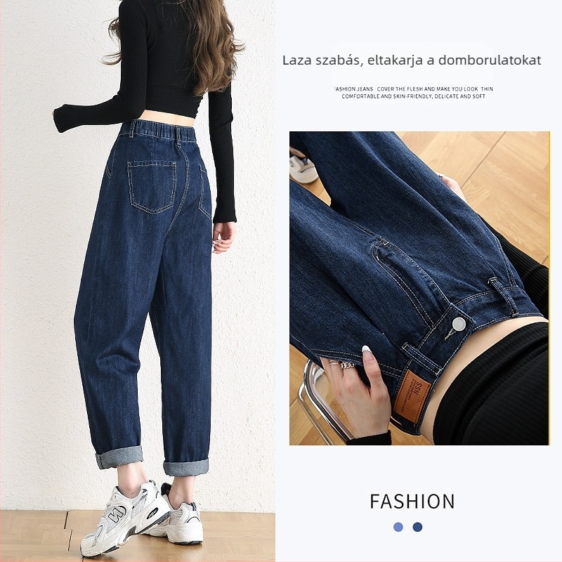 Női denim harém nadrág, tavasz-ősz vékony fazon, magas derék, laza szabás, egyenes szár, cropped hossz.