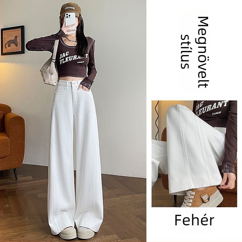 Fehér női magas derekú egyenes farmernadrág, széles lábszárú, padlóig érő hosszúságú, denim