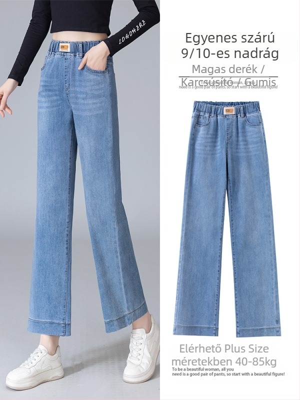 Női világoskék cropped egyenes farmer, denim, vékony anyag, tavasz 2026, laza fazon, plusz méret