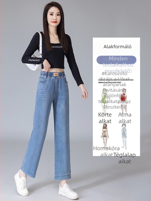 Női világoskék cropped egyenes farmer, denim, vékony anyag, tavasz 2026, laza fazon, plusz méret